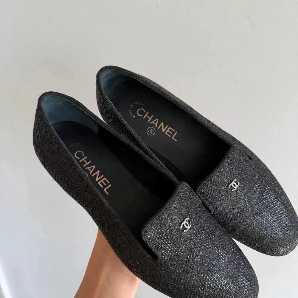 Chanel Interlocking CC Logo Glitter Slip On Loafer Flats Black 9 NEW